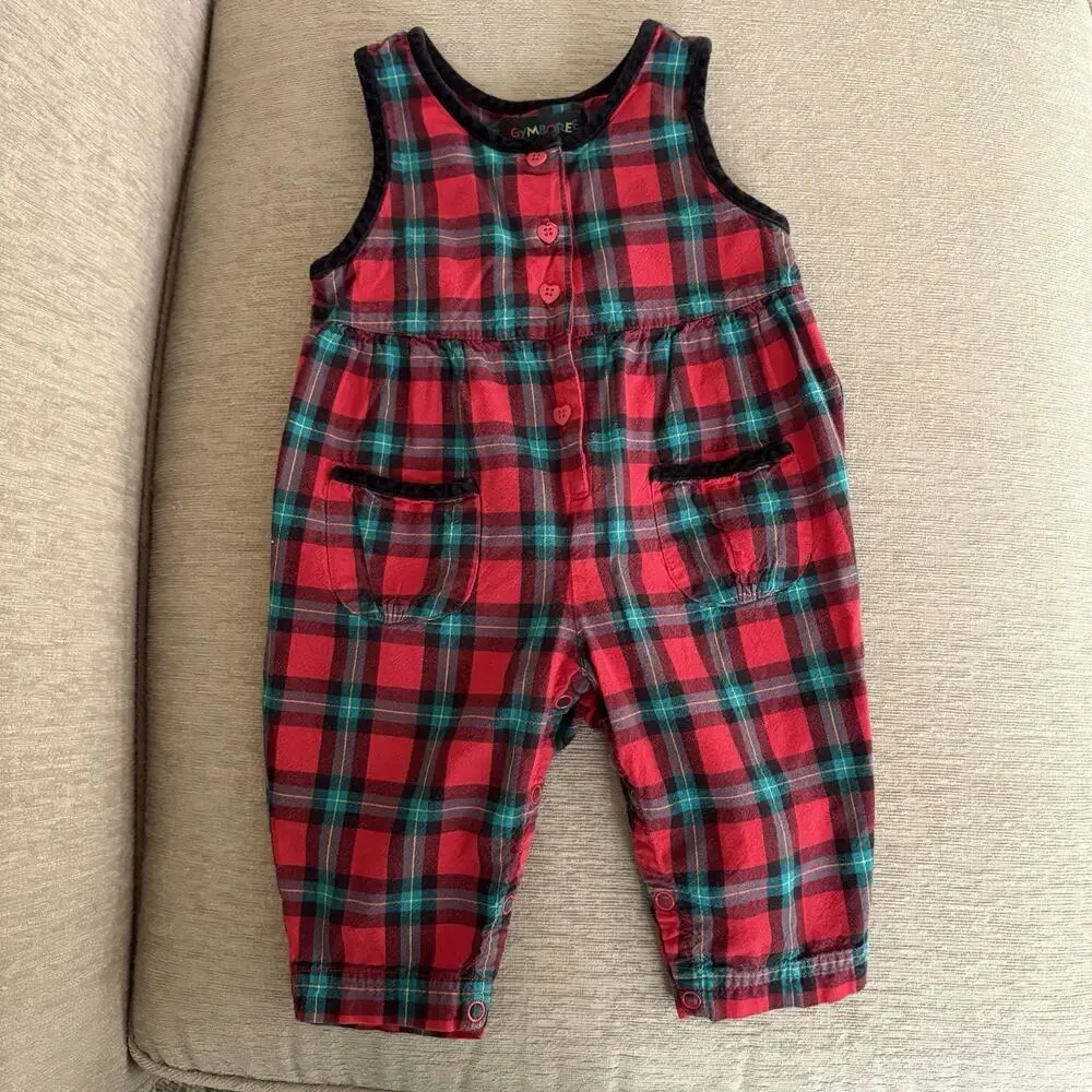 Vintage Gymboree Plaid Puppy Holiday 1997 Red Tartan Overall Romper INFANT Girl